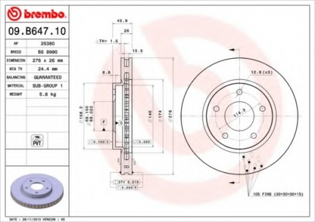 09.B647.10 Brembo Тормозной диск вентилируемый