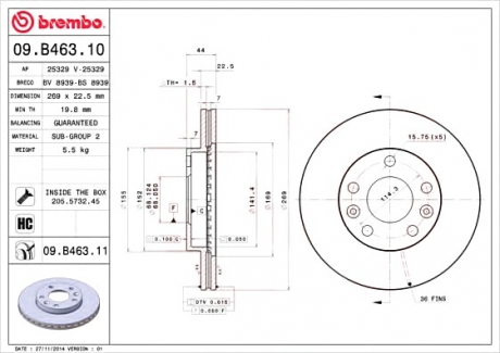 09.B463.10 Brembo Тормозной диск вентилируемый