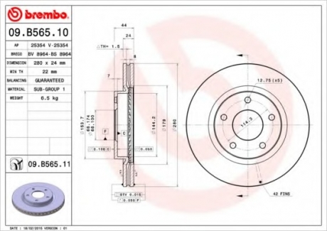 09.B565.10 Brembo Тормозной диск вентилируемый