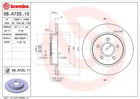 08.A725.10 Brembo Диск тормозной FORD FOCUS III 1.6 2.0 2011- задн. (пр-во BREMBO)