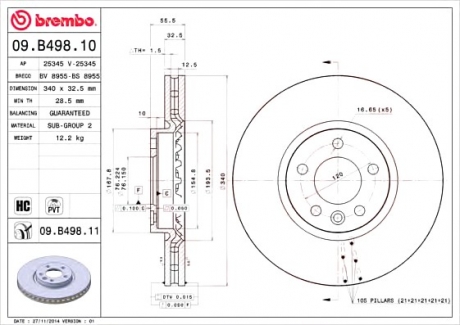 09.B498.10 Brembo Диск тормозной VW TRANSPORTER V 2.0 03-, MULTIVAN V 09- передн. (пр-во BREMBO)