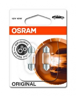 6438-02B OSRAM Лампа софітна допоможе. освітлення C10W 12V 10W SV8.5-8 (2 шт) blister (вир-во OSRAM)