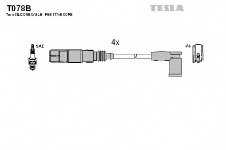 T078B TESLA  Провода высоковольтные, комплект Vw Caddy iii 2.0 (06-15),Vw New beetle 2.0 (02-10) (T078B) TESLA