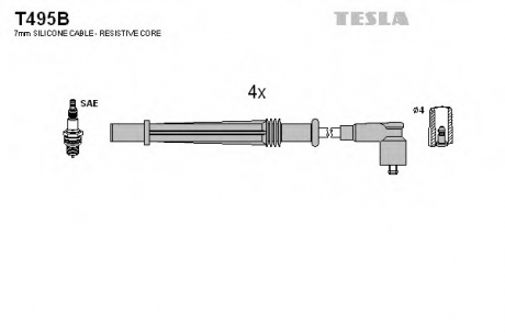 T495B TESLA  Провода высоковольтные, комплект Nissan Kubistar 1.2 (06-09),Renault Twingo i 1.2 (04-07) (T495B) TESLA