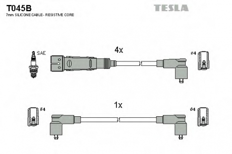 T045B TESLA  Провода высоковольтные, комплект Seat Inca 1.6 (97-00),Vw Caddy ii 1.6 (95-00) (T045B) TESLA
