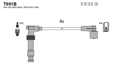 T991B TESLA  Провода высоковольтные, комплект Opel Astra g 1.4 (98-05),Opel Zafira a 1.6 (99-05) (T991B) TESLA