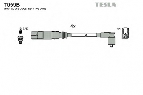 T059B TESLA  Провода высоковольтные, комплект Skoda Octavia 1.6 (97-07),Skoda Octavia combi 1.6 (98-07) (T059B) TESLA