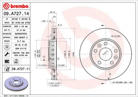 09.A727.14 Brembo Тормозной диск Brembo