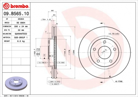 09.B565.11 Brembo Тормозной диск Brembo Painted disk