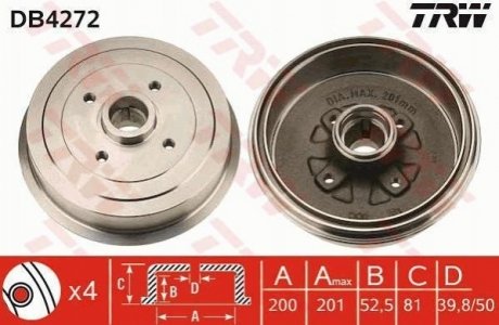 DB4272 TRW Барабан гальмівний DAEWOO LANOS +HUB задн. (вир-во TRW)