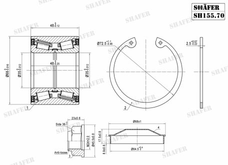 SH155.70K Shafer Підшипник задній Renault Trafic, Vivaro, Primastar, 03- (35x48x68), монт. ккт.+