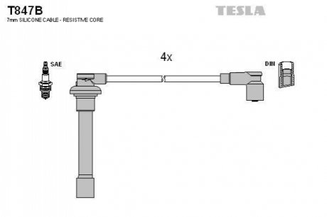 T847B TESLA  Провода высоковольтные, комплект Honda Accord vi 2.3 (01-03),Honda Accord vi hatchback 2.0 (99-02) (T847B) TESLA