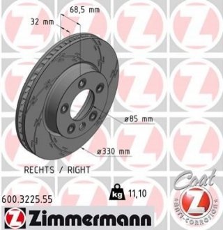 600.3225.55 Otto Zimmermann GmbH Диск тормозной Sport Black Right