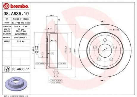 08.A636.10 Brembo Гальмівний диск