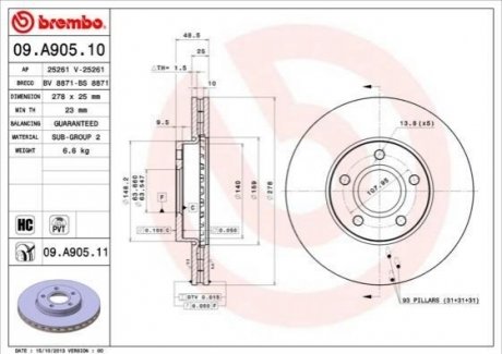 09.A905.11 Brembo Гальмівний диск