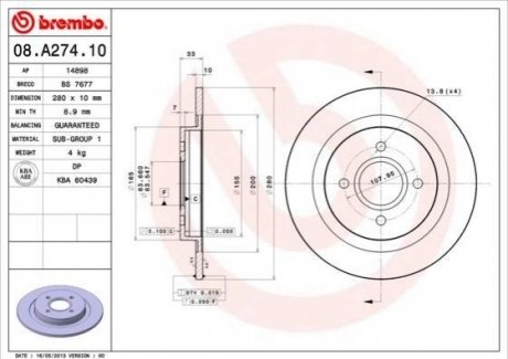 08.A274.10 Brembo Гальмівний диск