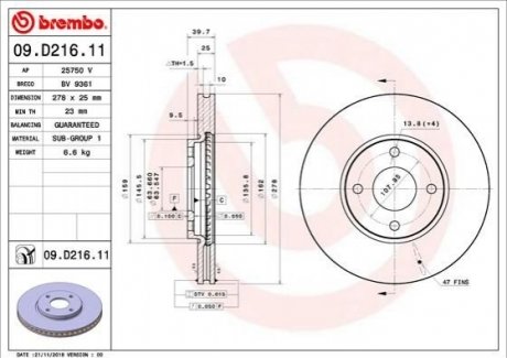 09.D216.11 Brembo Гальмівний диск