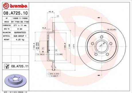 08.A725.11 Brembo Диск гальмівний