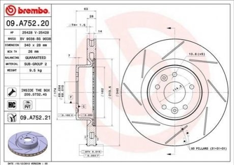 09.A752.21 Brembo Гальмівний диск